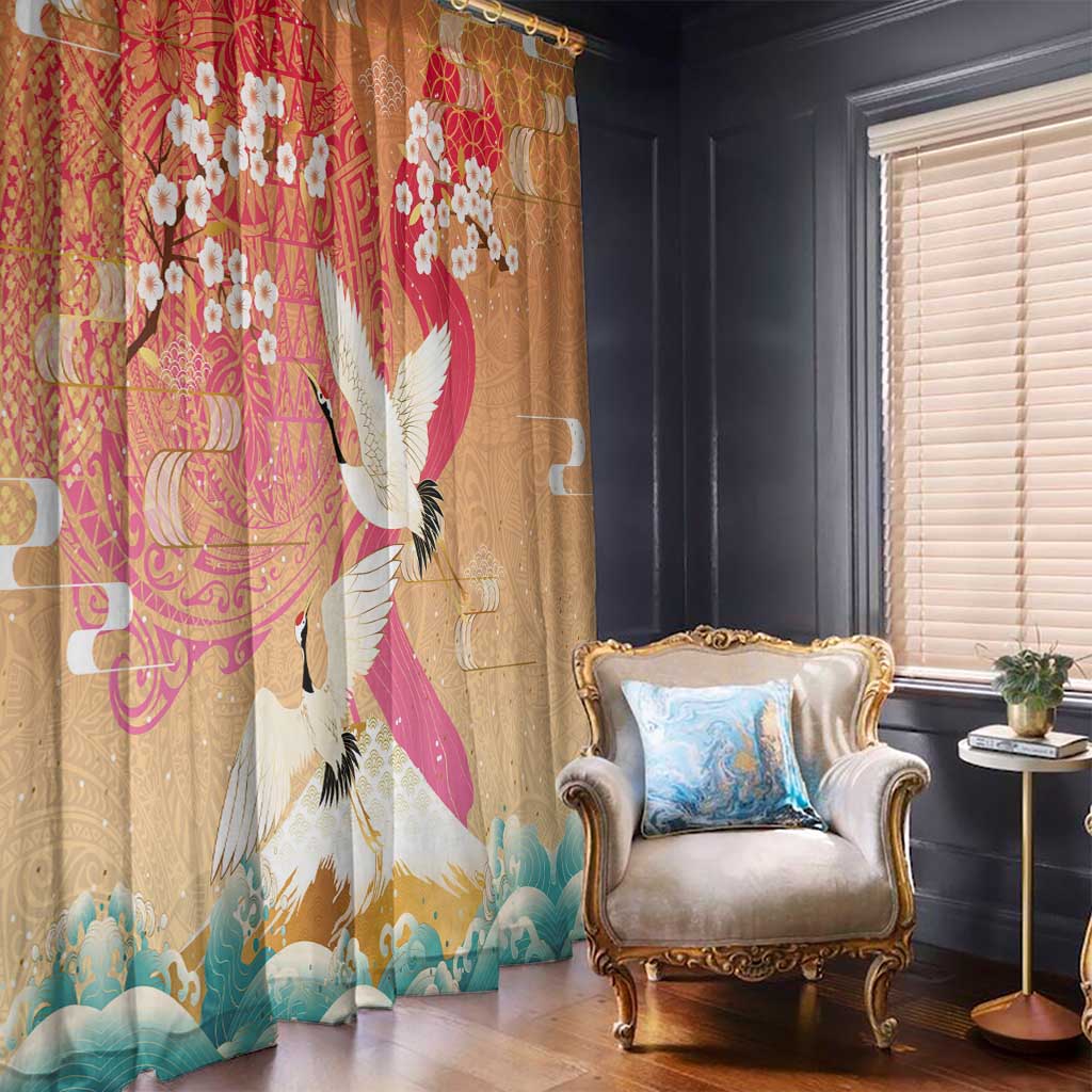 Hawaiian and Japanese Culture Together Window Curtain Kakau Art Tattoo with Cranes and Sakura Spring Vibe LT03 - Polynesian Pride