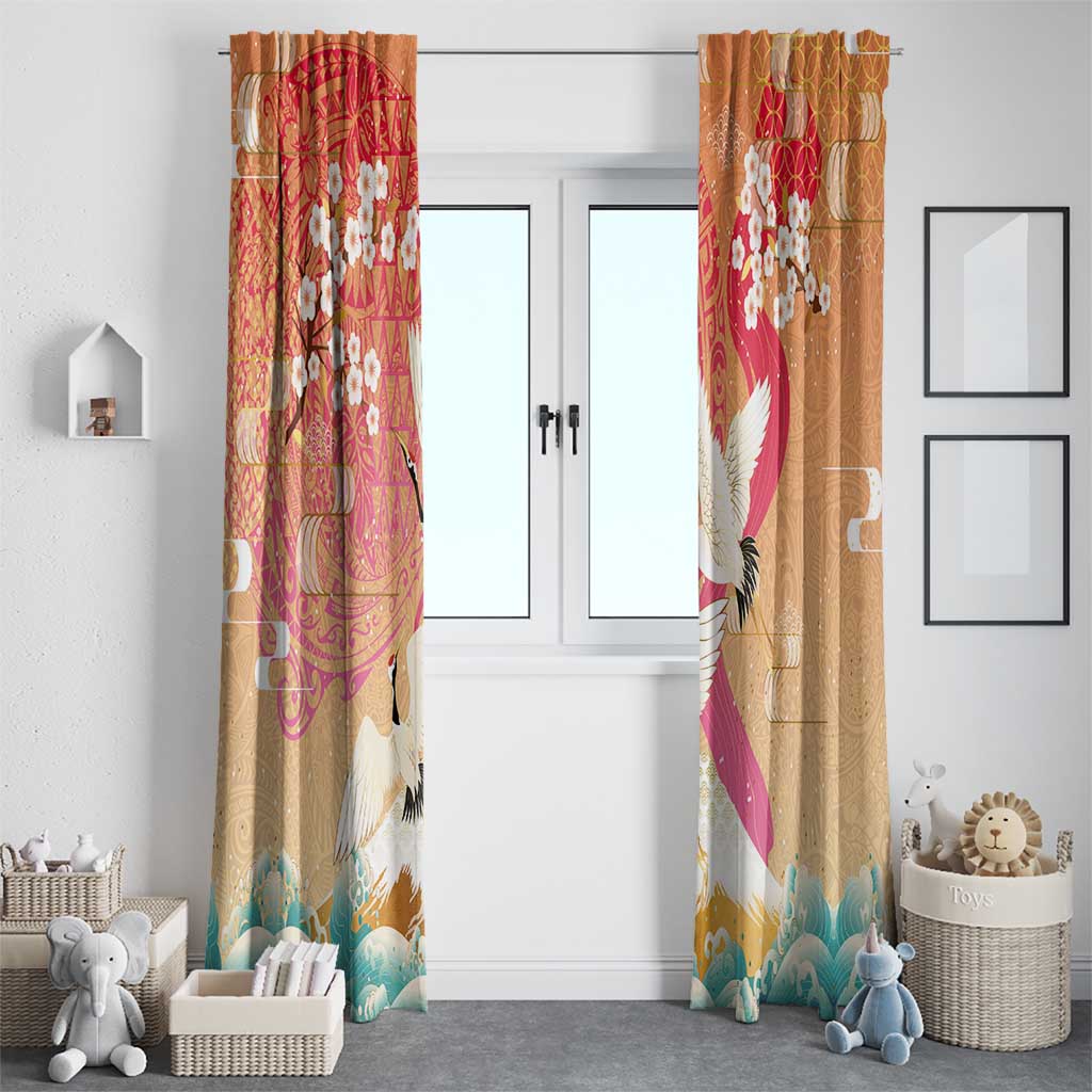Hawaiian and Japanese Culture Together Window Curtain Kakau Art Tattoo with Cranes and Sakura Spring Vibe LT03 - Polynesian Pride