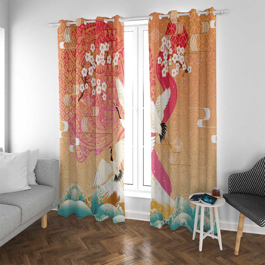 Hawaiian and Japanese Culture Together Window Curtain Kakau Art Tattoo with Cranes and Sakura Spring Vibe LT03 With Grommets Multicolor - Polynesian Pride