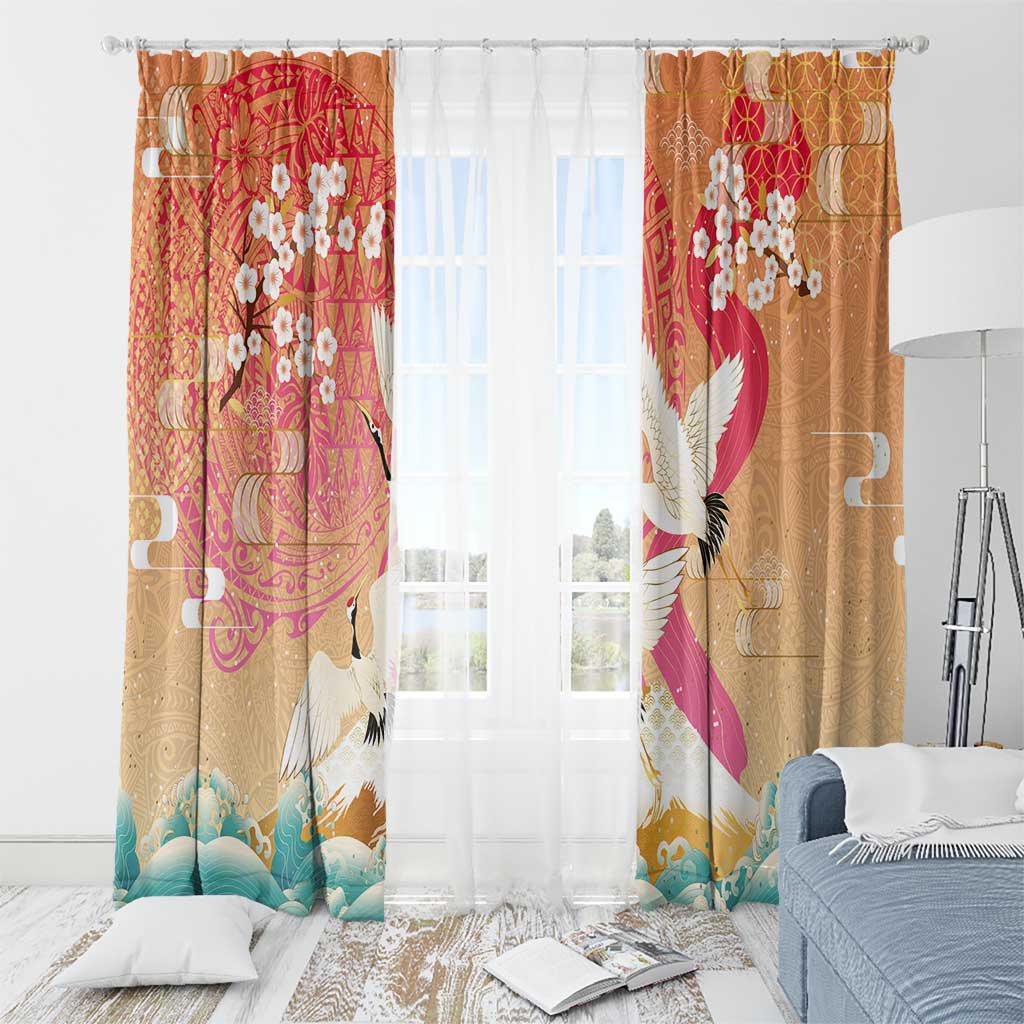 Hawaiian and Japanese Culture Together Window Curtain Kakau Art Tattoo with Cranes and Sakura Spring Vibe LT03 - Polynesian Pride