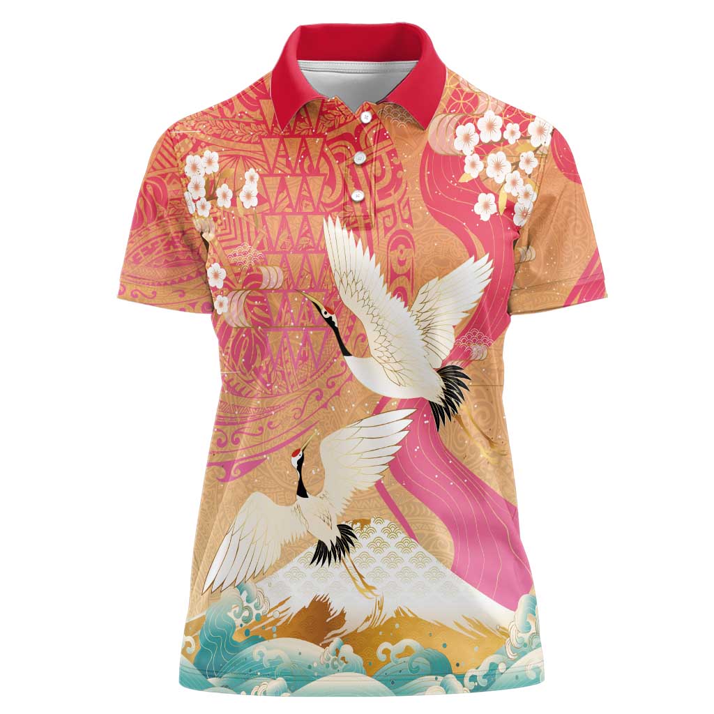 Hawaiian and Japanese Culture Together Women Polo Shirt Kakau Art Tattoo with Cranes and Sakura Spring Vibe - Polynesian Pride