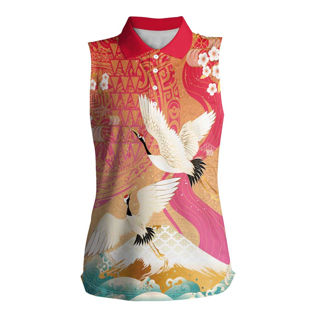 Hawaiian and Japanese Culture Together Women Sleeveless Polo Shirt Kakau Art Tattoo with Cranes and Sakura Spring Vibe LT03 Female Multicolor - Polynesian Pride