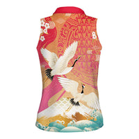Hawaiian and Japanese Culture Together Women Sleeveless Polo Shirt Kakau Art Tattoo with Cranes and Sakura Spring Vibe LT03 - Polynesian Pride