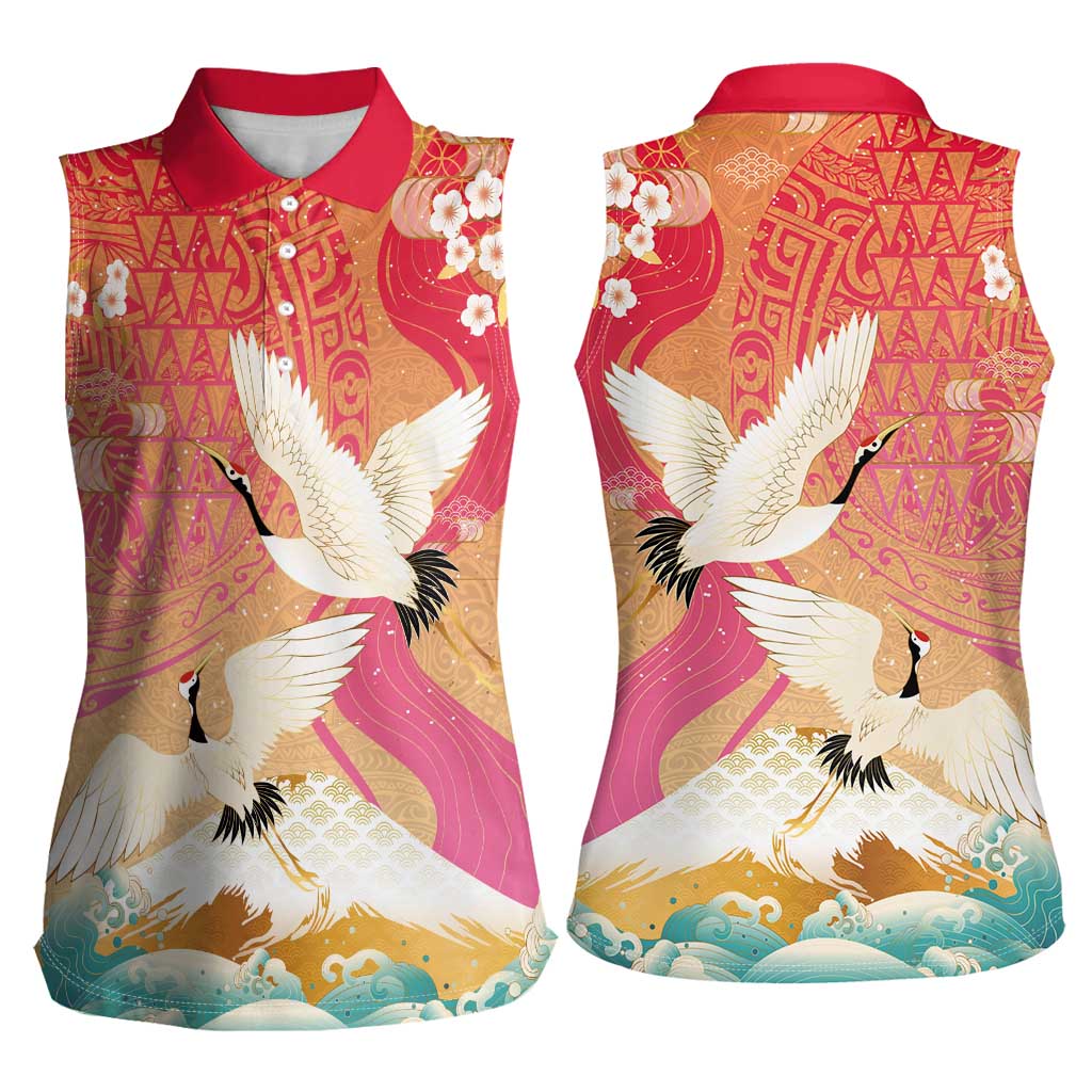 Hawaiian and Japanese Culture Together Women Sleeveless Polo Shirt Kakau Art Tattoo with Cranes and Sakura Spring Vibe LT03 - Polynesian Pride