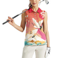 Hawaiian and Japanese Culture Together Women Sleeveless Polo Shirt Kakau Art Tattoo with Cranes and Sakura Spring Vibe LT03 - Polynesian Pride
