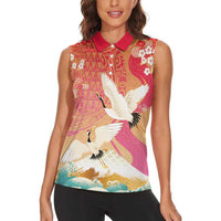 Hawaiian and Japanese Culture Together Women Sleeveless Polo Shirt Kakau Art Tattoo with Cranes and Sakura Spring Vibe LT03 - Polynesian Pride