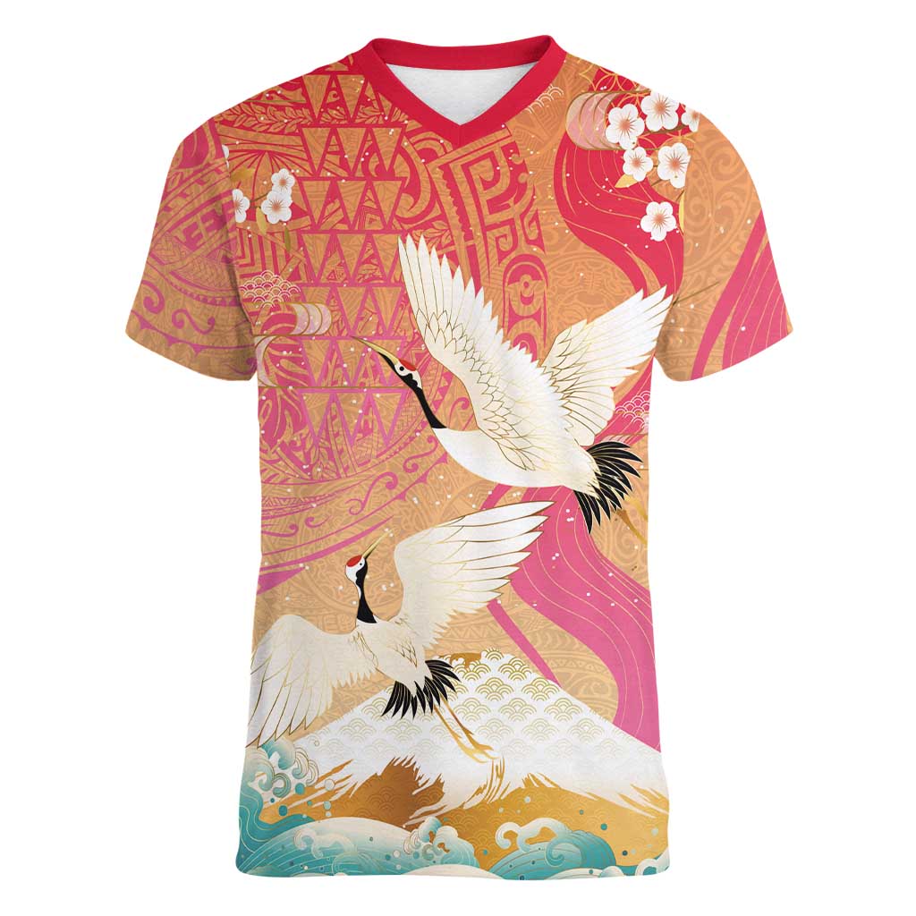 Hawaiian and Japanese Culture Together Women V-Neck T-Shirt Kakau Art Tattoo with Cranes and Sakura Spring Vibe - Polynesian Pride