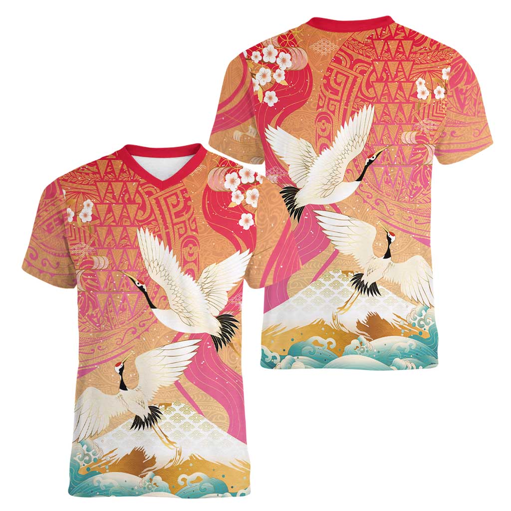Hawaiian and Japanese Culture Together Women V-Neck T-Shirt Kakau Art Tattoo with Cranes and Sakura Spring Vibe LT03 - Polynesian Pride