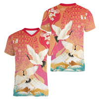 Hawaiian and Japanese Culture Together Women V-Neck T-Shirt Kakau Art Tattoo with Cranes and Sakura Spring Vibe LT03 - Polynesian Pride
