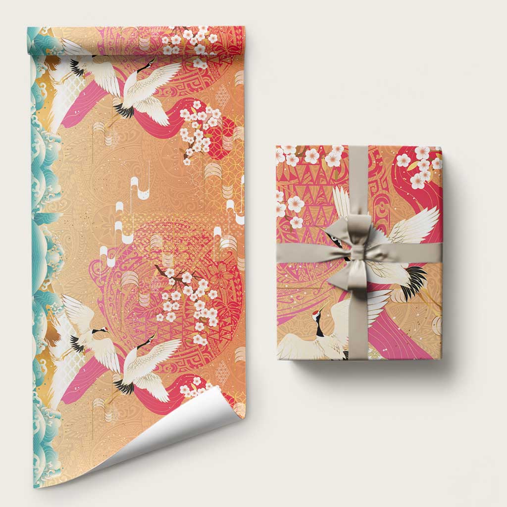 Hawaiian and Japanese Culture Together Wrapping Paper Kakau Art Tattoo with Cranes and Sakura Spring Vibe LT03 58" × 23" Multicolor - Polynesian Pride