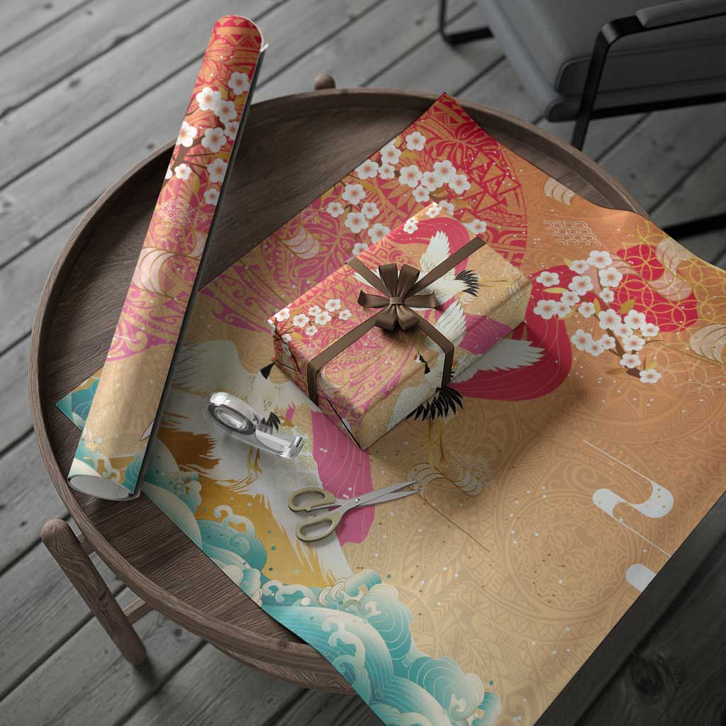 Hawaiian and Japanese Culture Together Wrapping Paper Kakau Art Tattoo with Cranes and Sakura Spring Vibe LT03 - Polynesian Pride