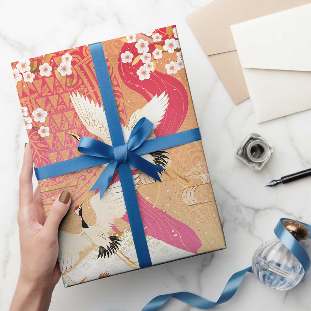 Hawaiian and Japanese Culture Together Wrapping Paper Kakau Art Tattoo with Cranes and Sakura Spring Vibe LT03 - Polynesian Pride