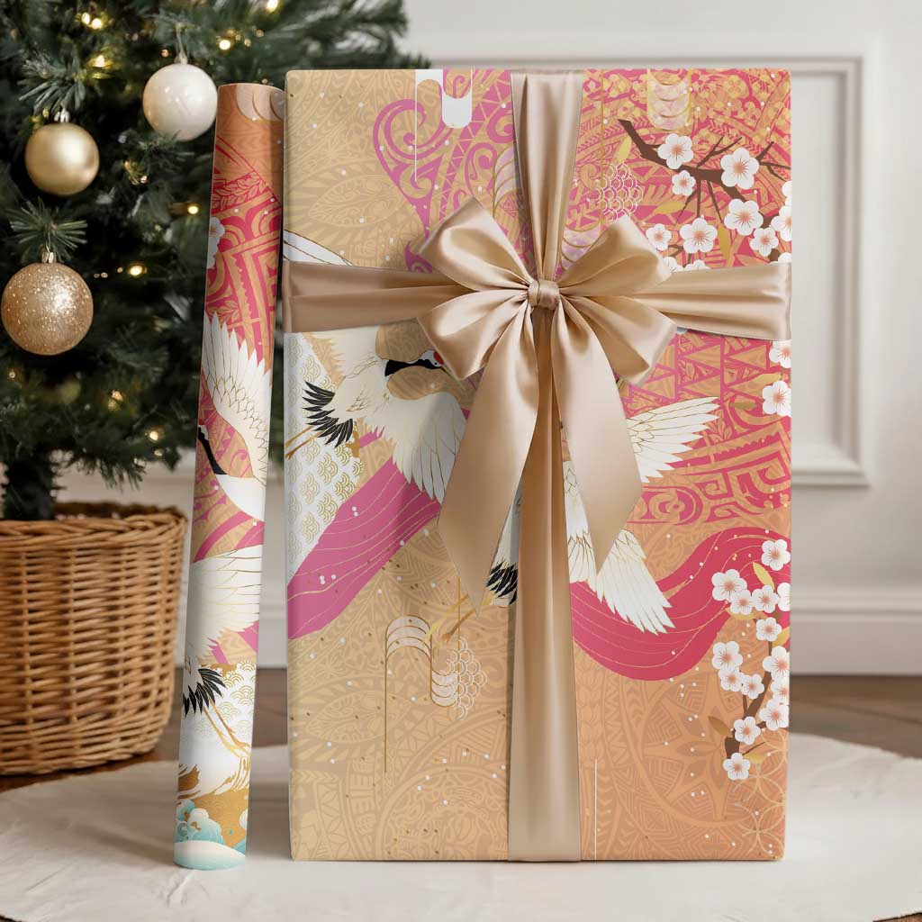 Hawaiian and Japanese Culture Together Wrapping Paper Kakau Art Tattoo with Cranes and Sakura Spring Vibe LT03 - Polynesian Pride