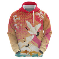 Hawaiian and Japanese Culture Together Zip Hoodie Kakau Art Tattoo with Cranes and Sakura Spring Vibe LT03 - Polynesian Pride
