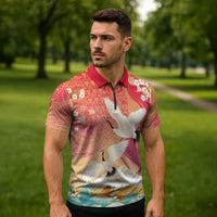 Hawaiian and Japanese Culture Together Zipper Polo Shirt Kakau Art Tattoo with Cranes and Sakura Spring Vibe LT03 - Polynesian Pride