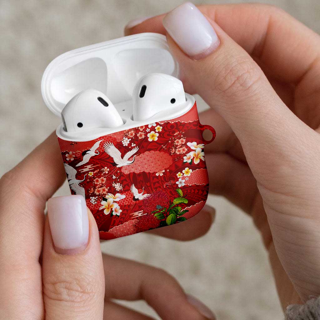 Hawaiian and Japanese Culture Together AirPods Case Red Ohia Lehua Plumeria and Sakura Blooming LT03 - Polynesian Pride