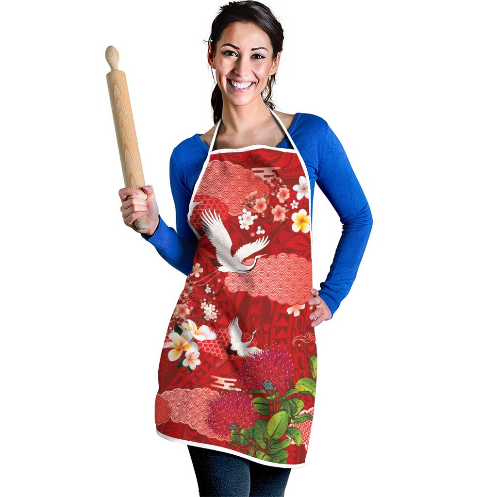 Hawaiian and Japanese Culture Together Apron Red Ohia Lehua Plumeria and Sakura Blooming LT03 - Polynesian Pride