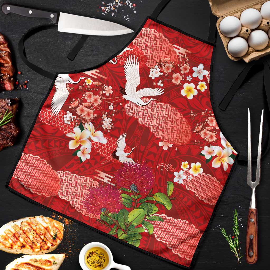Hawaiian and Japanese Culture Together Apron Red Ohia Lehua Plumeria and Sakura Blooming LT03 Red - Polynesian Pride