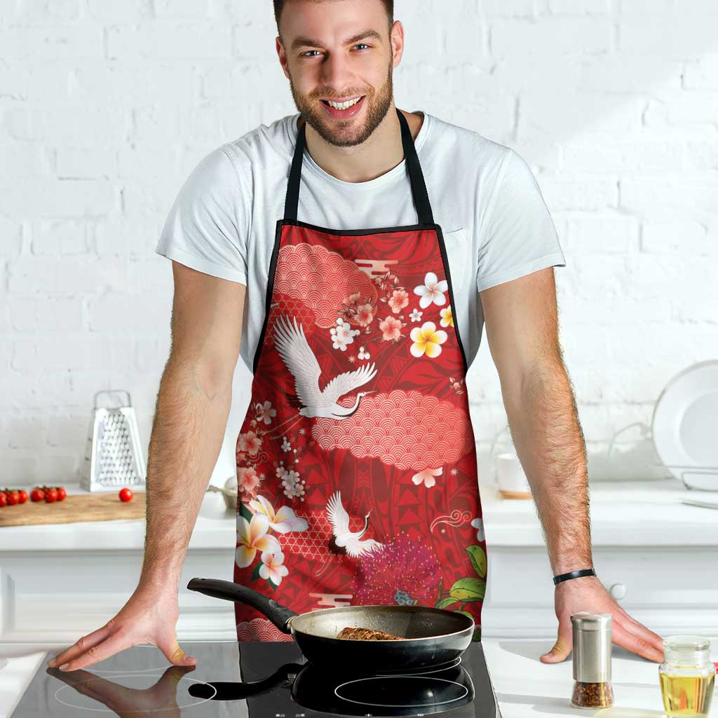 Hawaiian and Japanese Culture Together Apron Red Ohia Lehua Plumeria and Sakura Blooming LT03 - Polynesian Pride