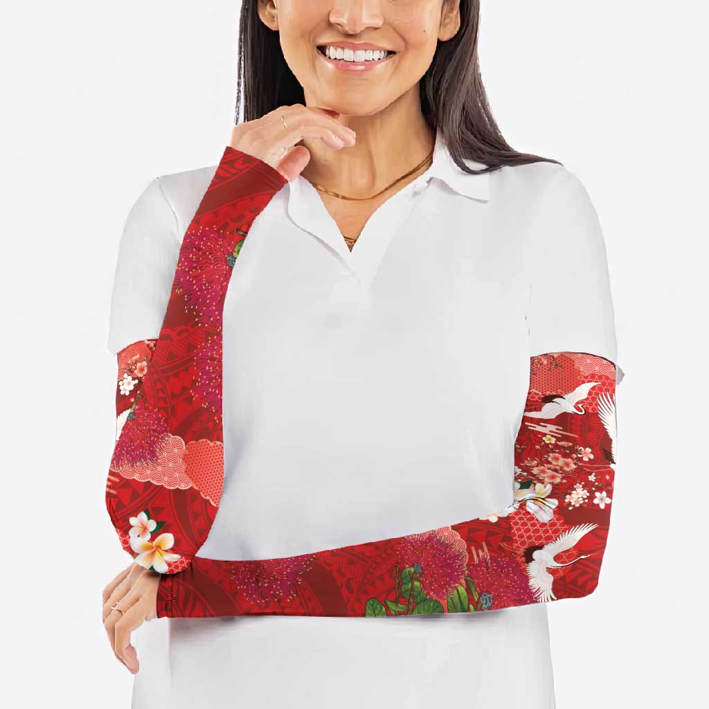 Hawaiian and Japanese Culture Together Arm Sleeves Red Ohia Lehua Plumeria and Sakura Blooming LT03 - Polynesian Pride