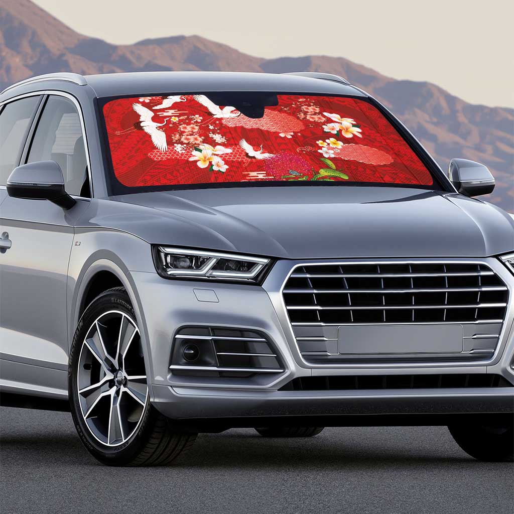 Hawaiian and Japanese Culture Together Auto Sun Shade Red Ohia Lehua Plumeria and Sakura Blooming LT03 - Polynesian Pride