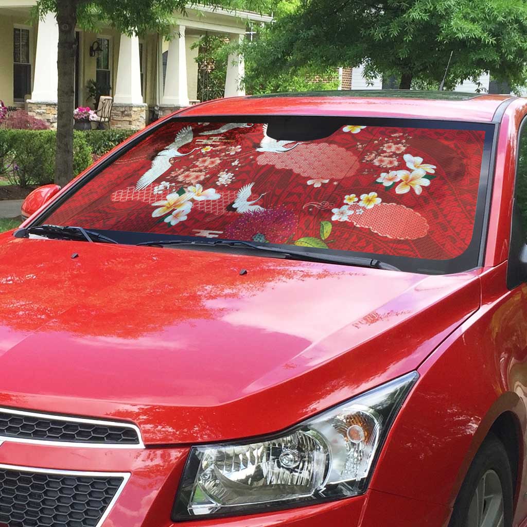 Hawaiian and Japanese Culture Together Auto Sun Shade Red Ohia Lehua Plumeria and Sakura Blooming LT03 - Polynesian Pride