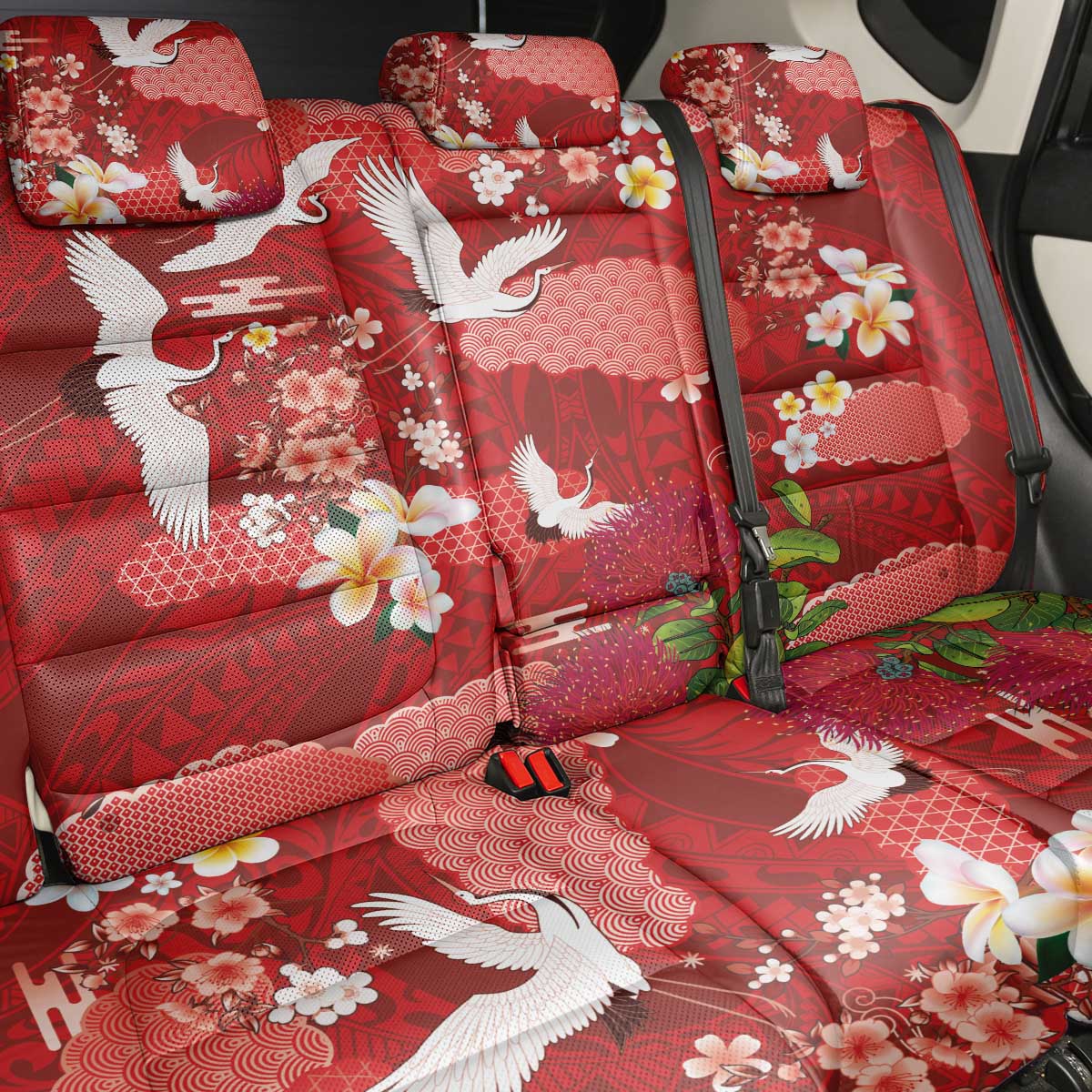 Hawaiian and Japanese Culture Together Back Car Seat Cover Red Ohia Lehua Plumeria and Sakura Blooming LT03 - Polynesian Pride