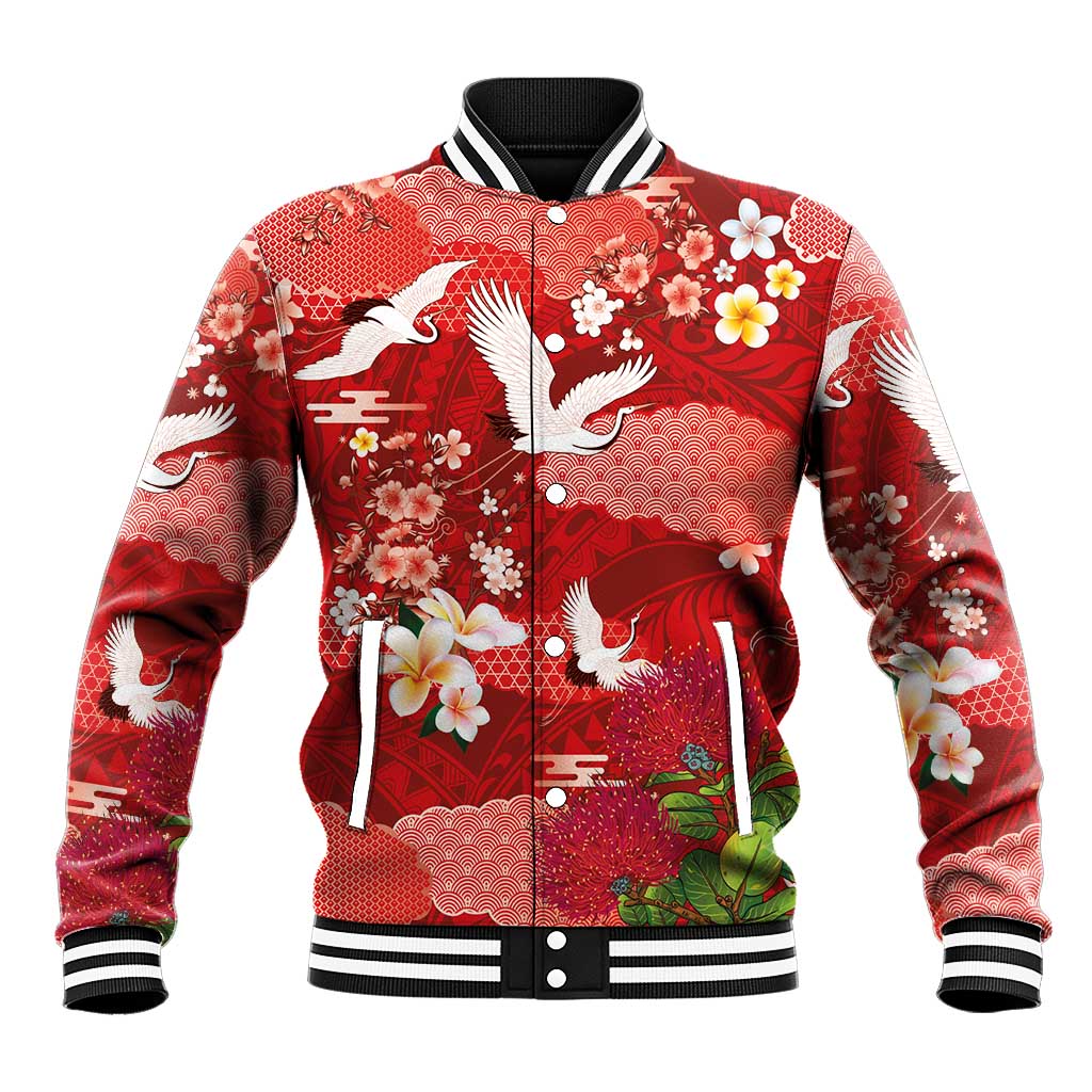 Hawaiian and Japanese Culture Together Baseball Jacket Red Ohia Lehua Plumeria and Sakura Blooming LT03 Unisex Red - Polynesian Pride
