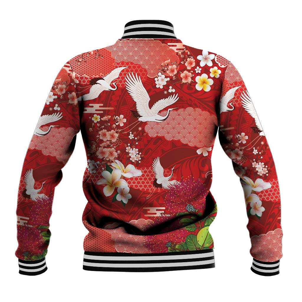 Hawaiian and Japanese Culture Together Baseball Jacket Red Ohia Lehua Plumeria and Sakura Blooming LT03 - Polynesian Pride