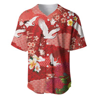 Hawaiian and Japanese Culture Together Baseball Jersey Red Ohia Lehua Plumeria and Sakura Blooming LT03 Red - Polynesian Pride