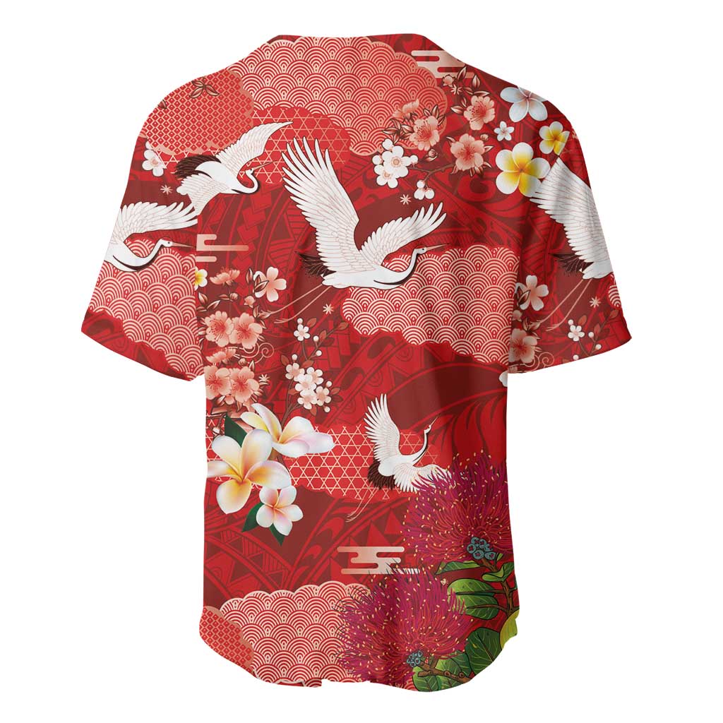 Hawaiian and Japanese Culture Together Baseball Jersey Red Ohia Lehua Plumeria and Sakura Blooming LT03 - Polynesian Pride