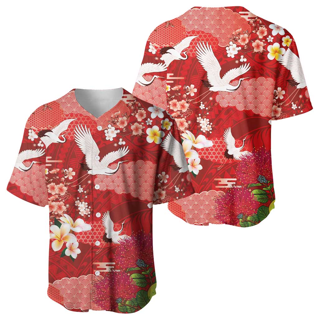 Hawaiian and Japanese Culture Together Baseball Jersey Red Ohia Lehua Plumeria and Sakura Blooming LT03 - Polynesian Pride