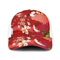 Hawaiian and Japanese Culture Together Baseball Net Cap Red Ohia Lehua Plumeria and Sakura Blooming LT03 One Size White Red - Polynesian Pride