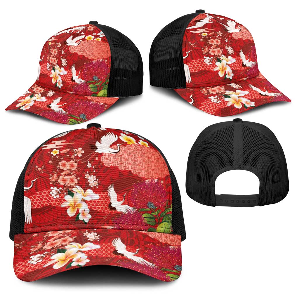 Hawaiian and Japanese Culture Together Baseball Net Cap Red Ohia Lehua Plumeria and Sakura Blooming LT03 - Polynesian Pride