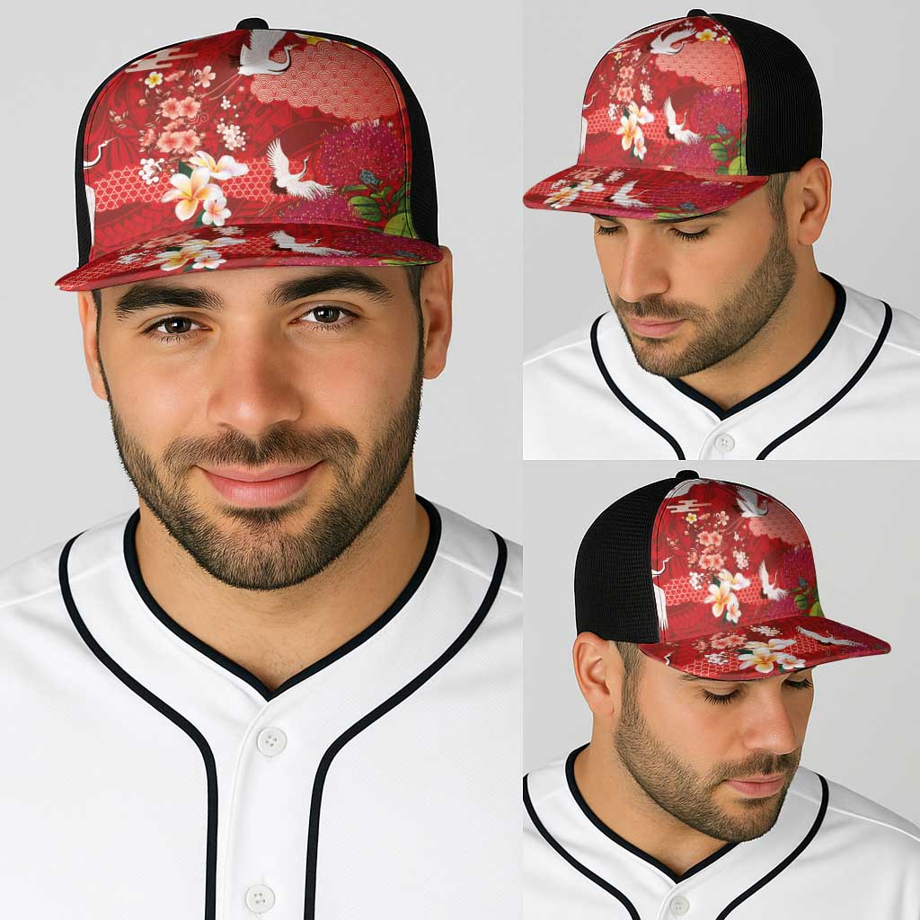 Hawaiian and Japanese Culture Together Baseball Net Cap Red Ohia Lehua Plumeria and Sakura Blooming LT03 - Polynesian Pride
