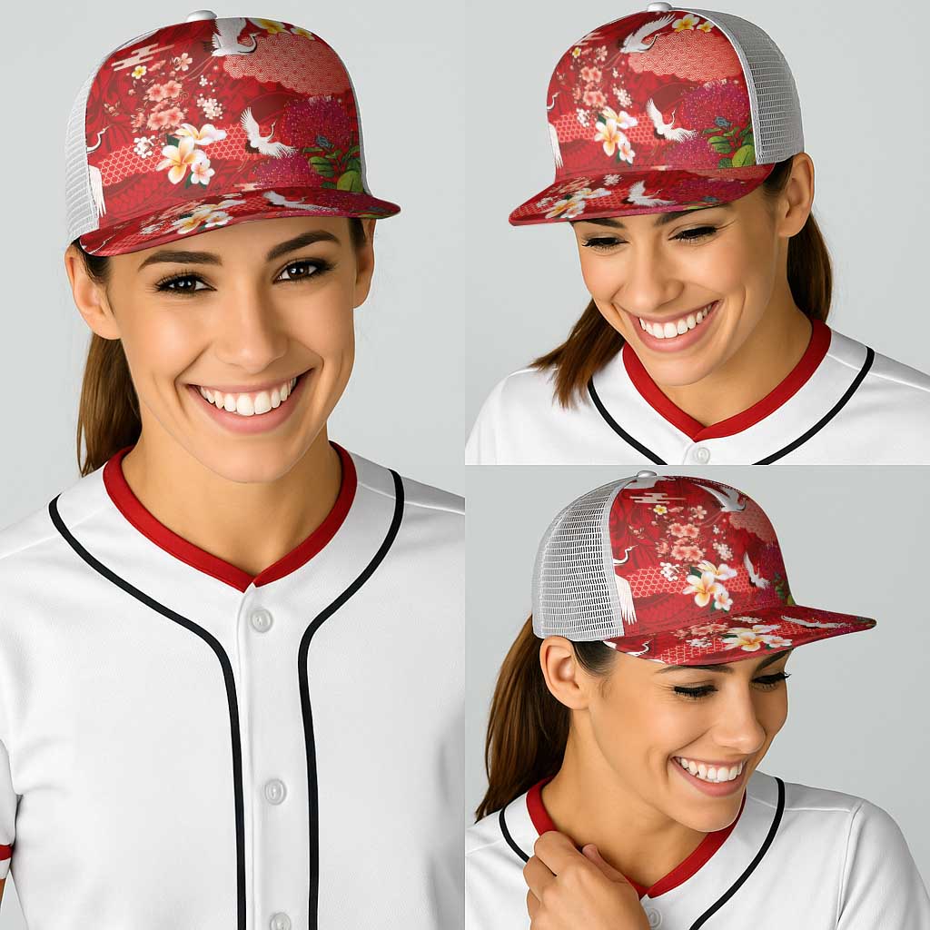 Hawaiian and Japanese Culture Together Baseball Net Cap Red Ohia Lehua Plumeria and Sakura Blooming LT03 - Polynesian Pride