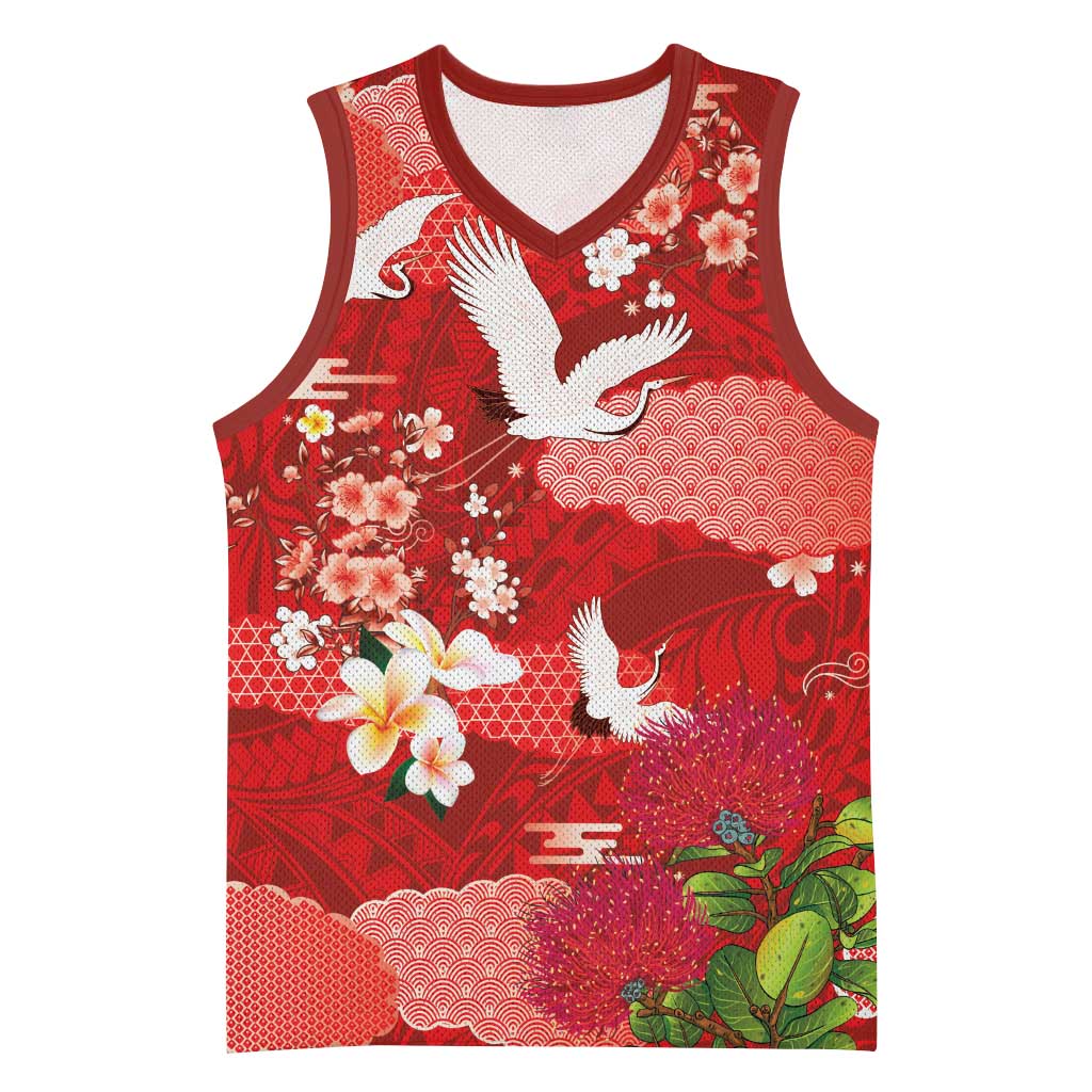 Hawaiian and Japanese Culture Together Basketball Jersey Red Ohia Lehua Plumeria and Sakura Blooming LT03 Unisex Red - Polynesian Pride