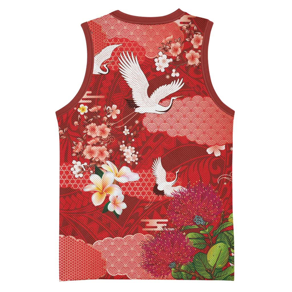 Hawaiian and Japanese Culture Together Basketball Jersey Red Ohia Lehua Plumeria and Sakura Blooming LT03 - Polynesian Pride