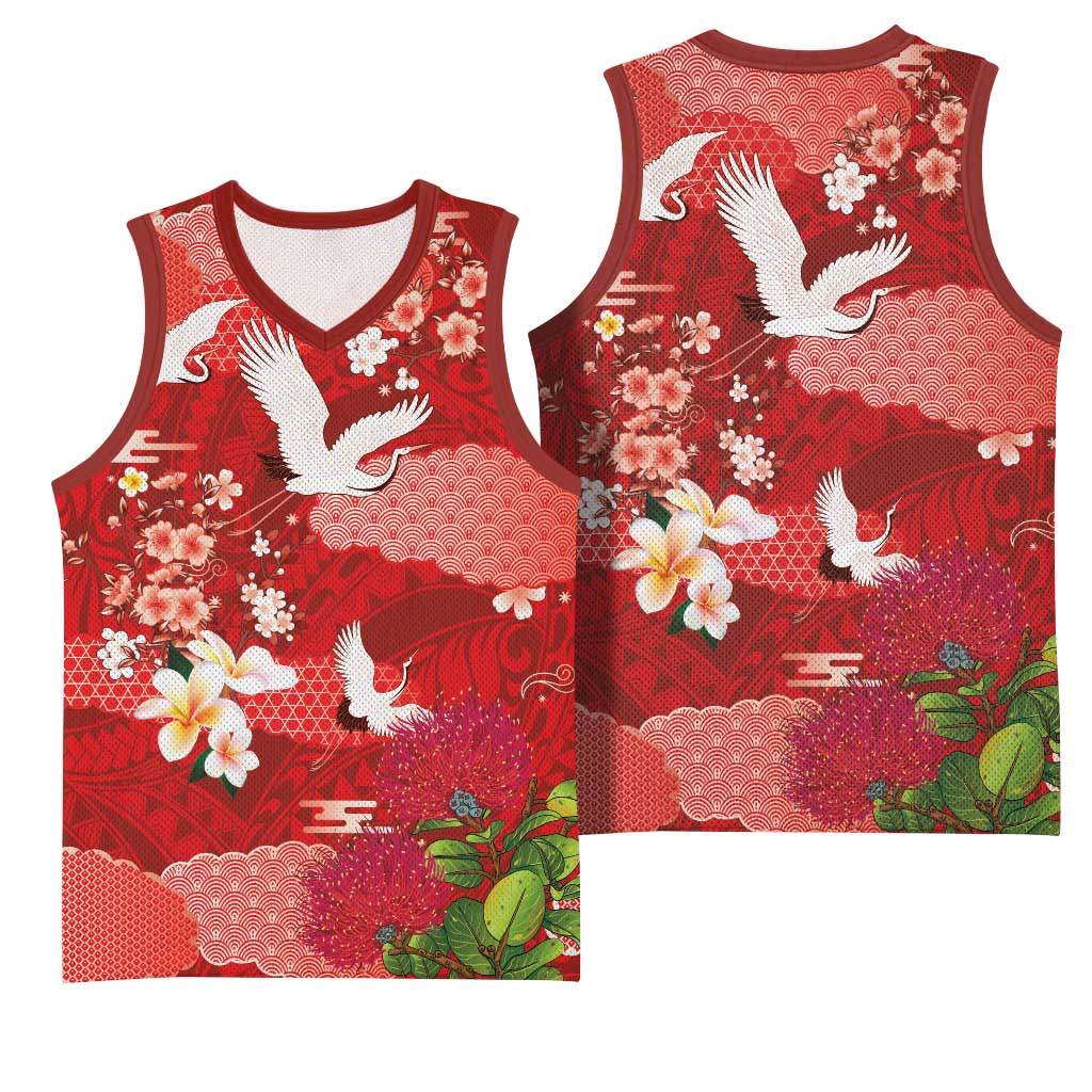 Hawaiian and Japanese Culture Together Basketball Jersey Red Ohia Lehua Plumeria and Sakura Blooming LT03 - Polynesian Pride