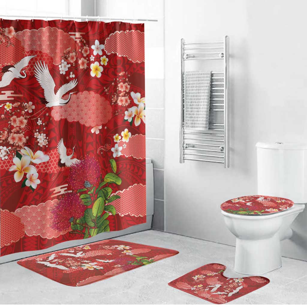 Hawaiian and Japanese Culture Together Bathroom Set Red Ohia Lehua Plumeria and Sakura Blooming LT03 Bathroom Set (4 pcs) Red - Polynesian Pride