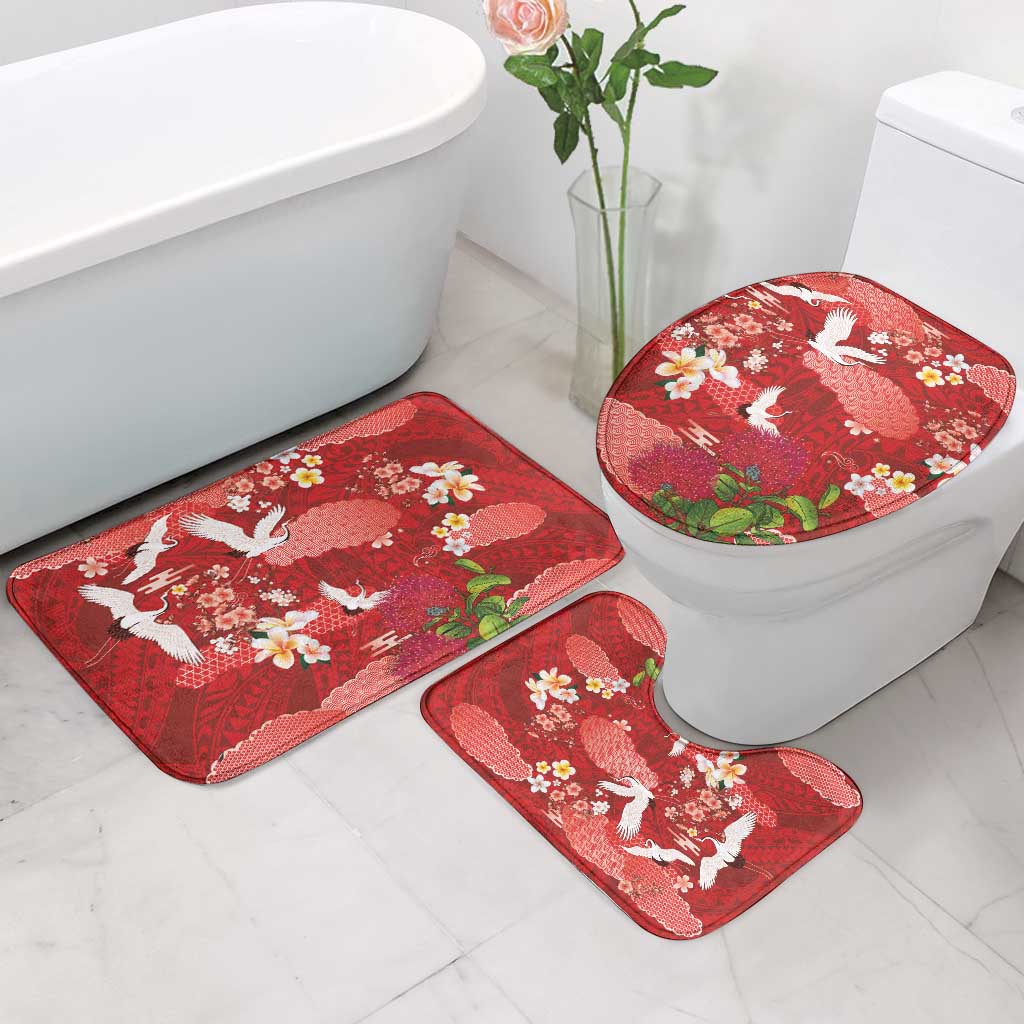 Hawaiian and Japanese Culture Together Bathroom Set Red Ohia Lehua Plumeria and Sakura Blooming LT03 - Polynesian Pride