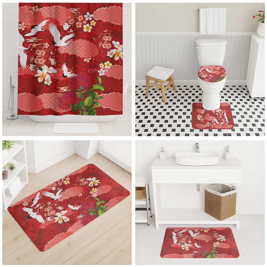 Hawaiian and Japanese Culture Together Bathroom Set Red Ohia Lehua Plumeria and Sakura Blooming LT03 - Polynesian Pride