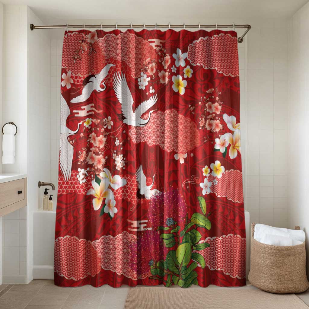 Hawaiian and Japanese Culture Together Bathroom Set Red Ohia Lehua Plumeria and Sakura Blooming LT03 Shower Curtain Only Red - Polynesian Pride