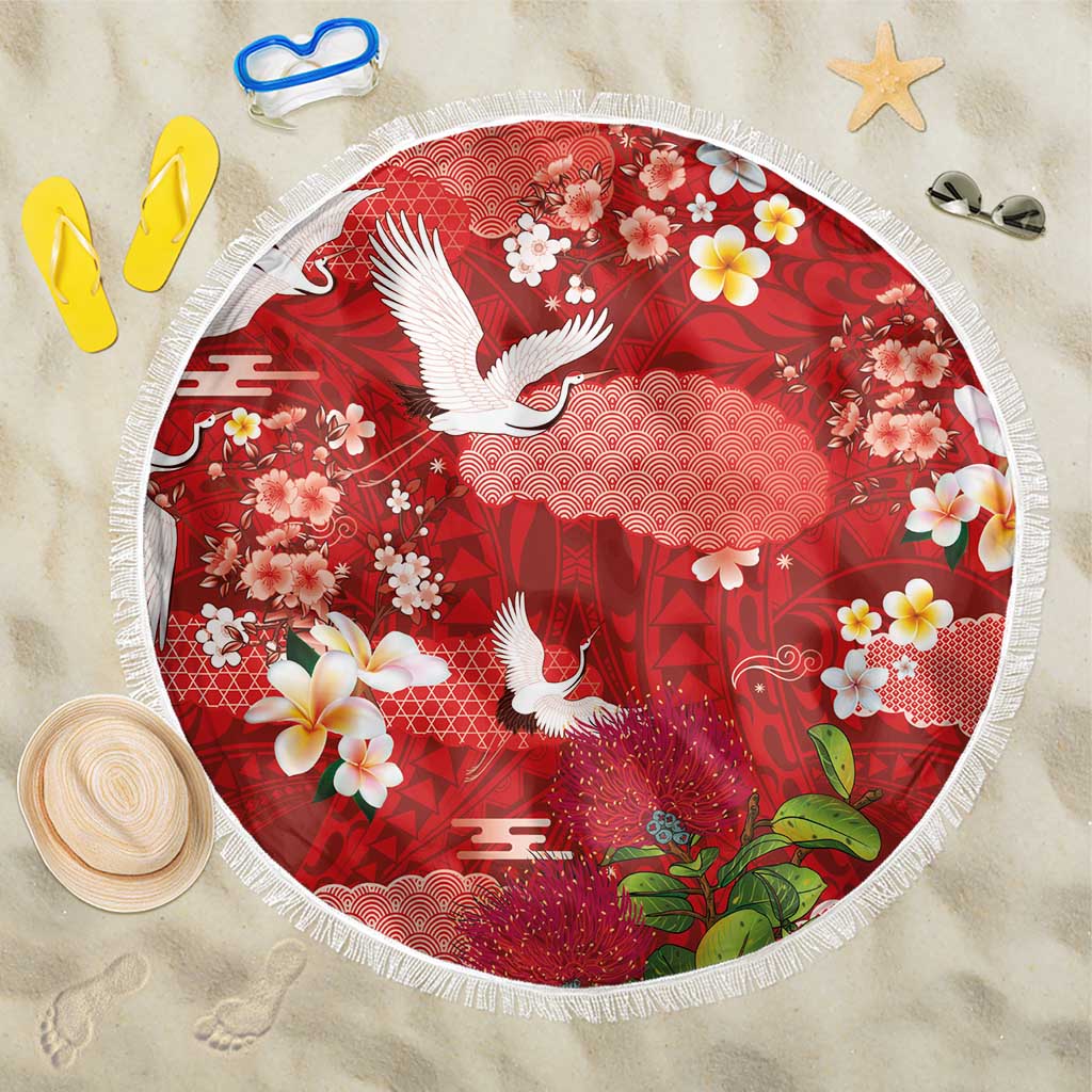 Hawaiian and Japanese Culture Together Beach Blanket Red Ohia Lehua Plumeria and Sakura Blooming LT03 One Size 150cm Red - Polynesian Pride