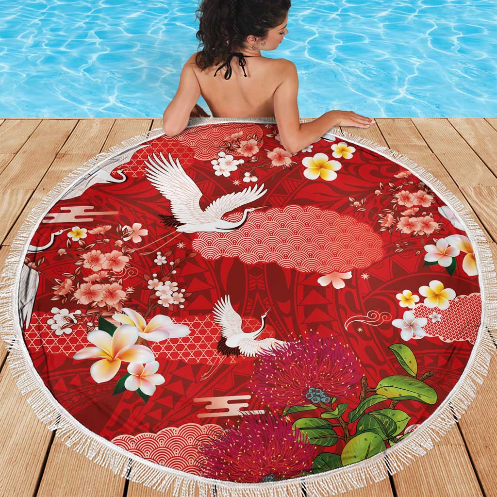 Hawaiian and Japanese Culture Together Beach Blanket Red Ohia Lehua Plumeria and Sakura Blooming LT03 - Polynesian Pride