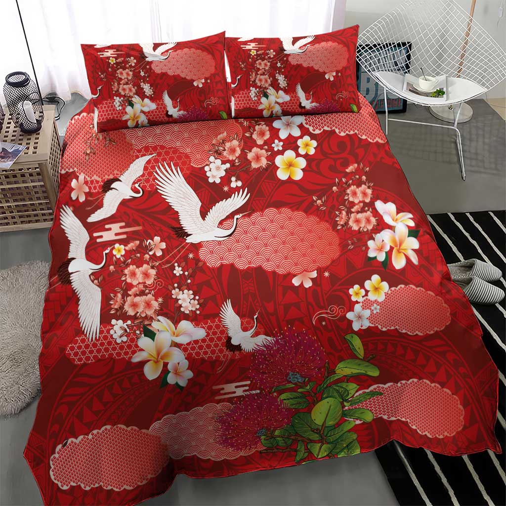 Hawaiian and Japanese Culture Together Bedding Set Red Ohia Lehua Plumeria and Sakura Blooming LT03 - Polynesian Pride