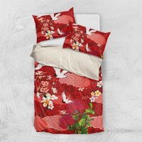 Hawaiian and Japanese Culture Together Bedding Set Red Ohia Lehua Plumeria and Sakura Blooming LT03 US Twin 172cm x 218cm Red - Polynesian Pride