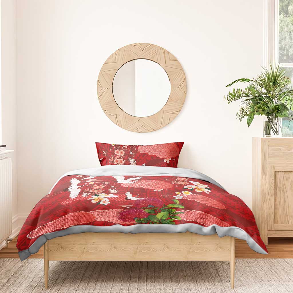 Hawaiian and Japanese Culture Together Bedding Set Red Ohia Lehua Plumeria and Sakura Blooming LT03 - Polynesian Pride