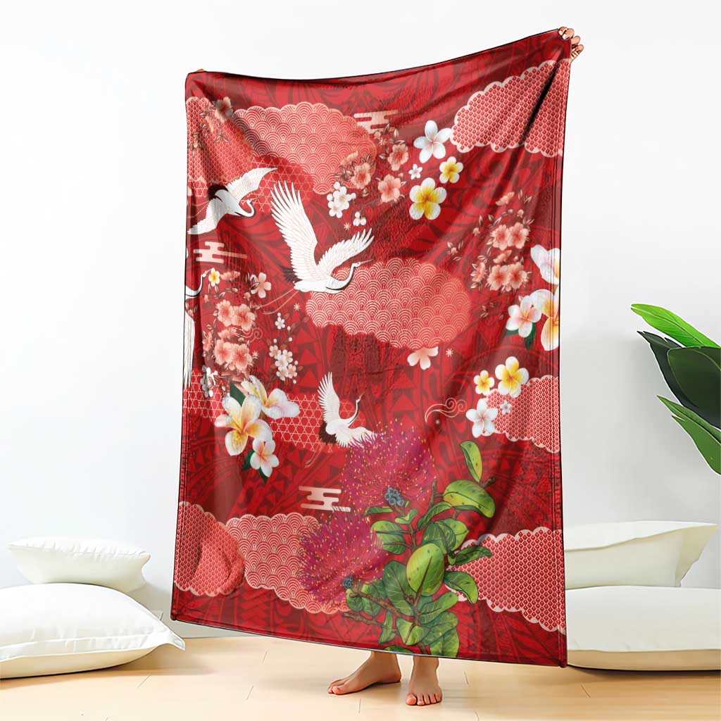 Hawaiian and Japanese Culture Together Blanket Red Ohia Lehua Plumeria and Sakura Blooming LT03 - Polynesian Pride