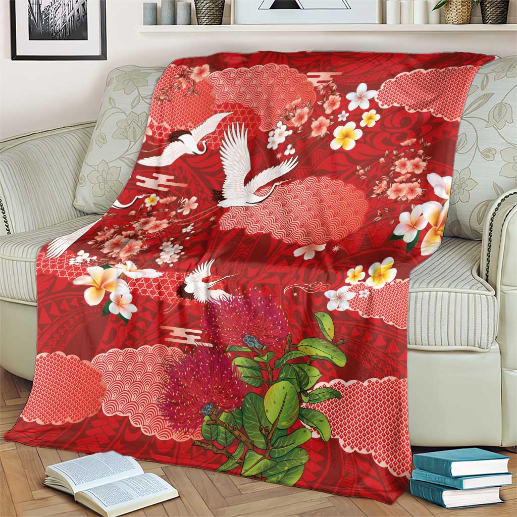 Hawaiian and Japanese Culture Together Blanket Red Ohia Lehua Plumeria and Sakura Blooming LT03 - Polynesian Pride